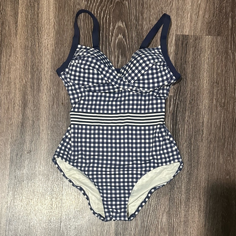 Lands' End x Draper James Navy Blue Gingham Swimwear